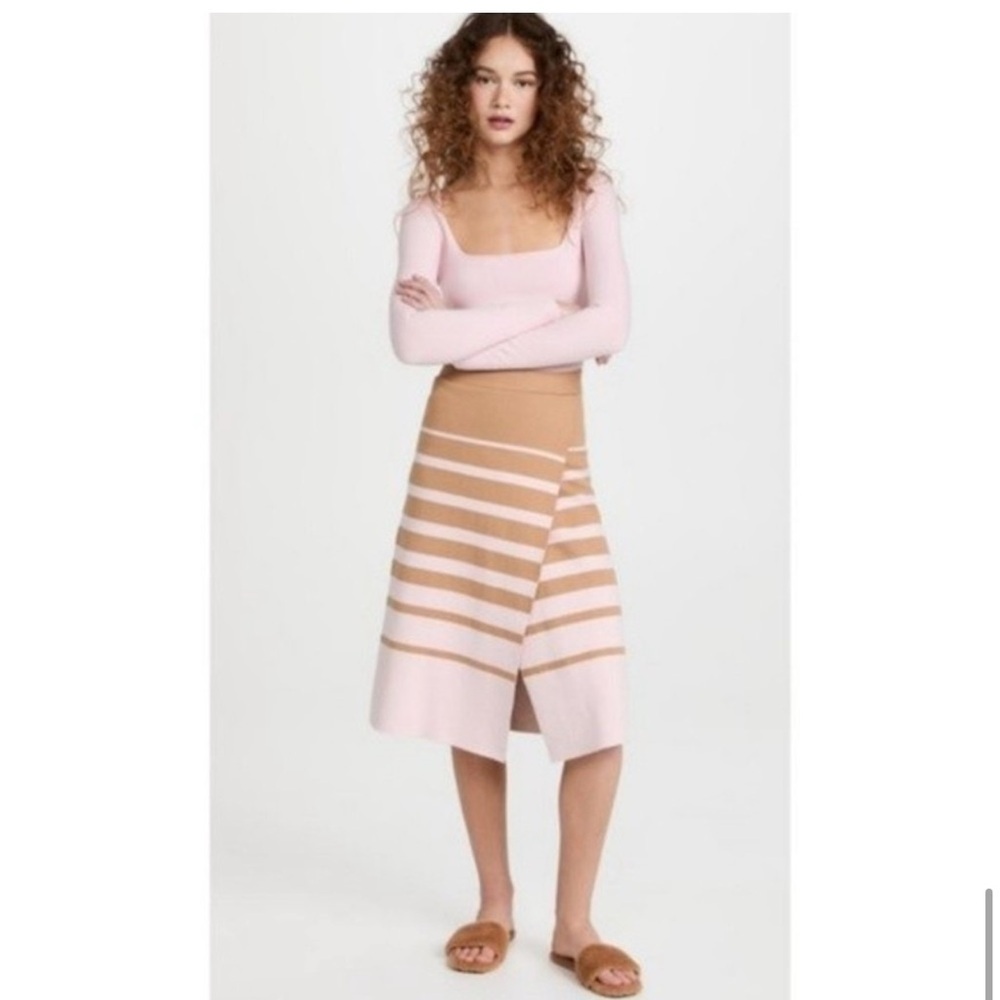 JOOSTRICOT / PEACHSKIN brown pink camel striped wrap effect skirt Ponte midi XS